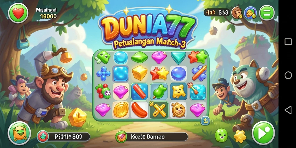 Tampilan gameplay DUNIA77 yang seru dalam mencocokkan batu permata.