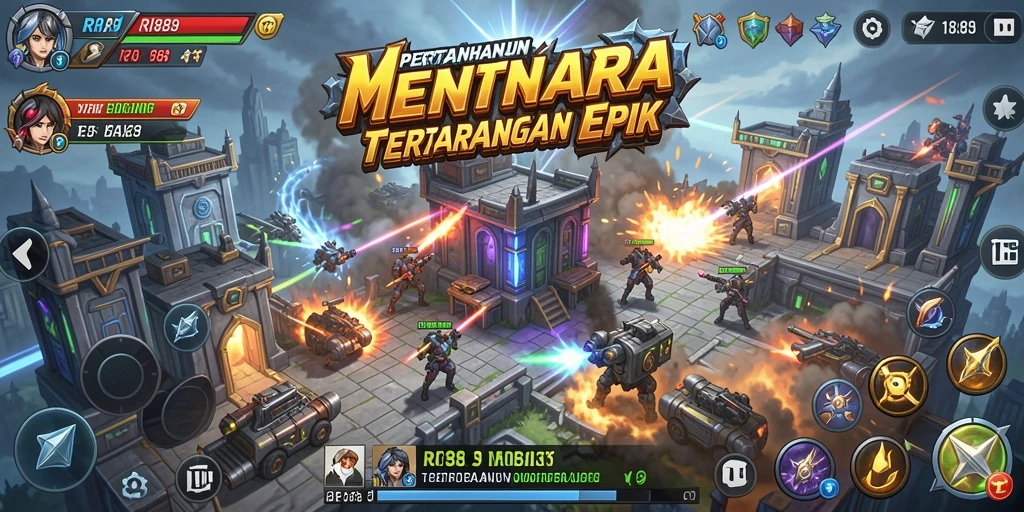 Tampilan gameplay RI889 menunjukkan menara menghadapi serangan musuh.